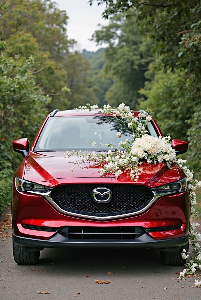 Red wedding car decorated with white flowers