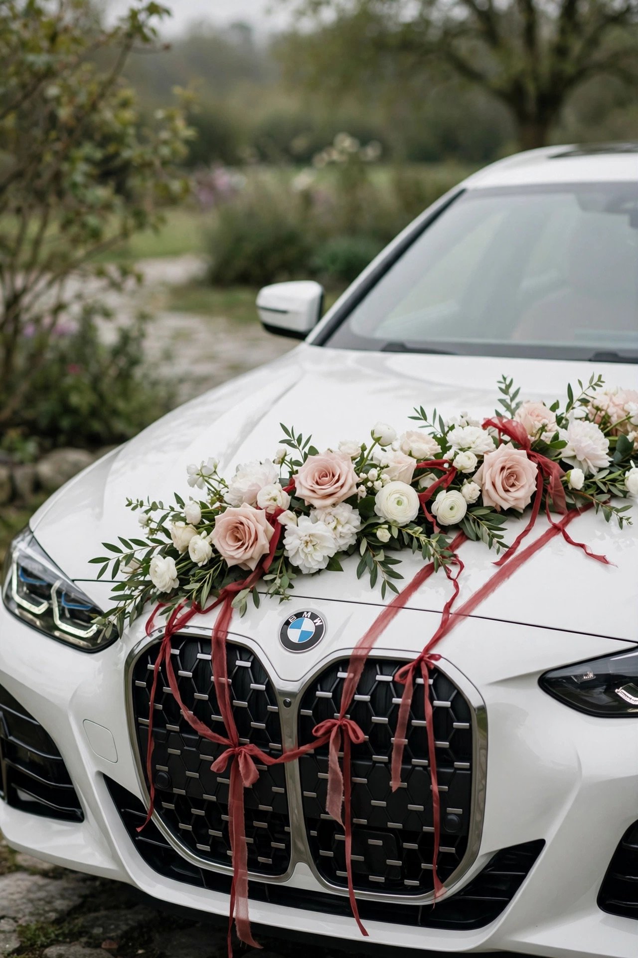 White BMW decorated for wedding with white flowers and red ribbons