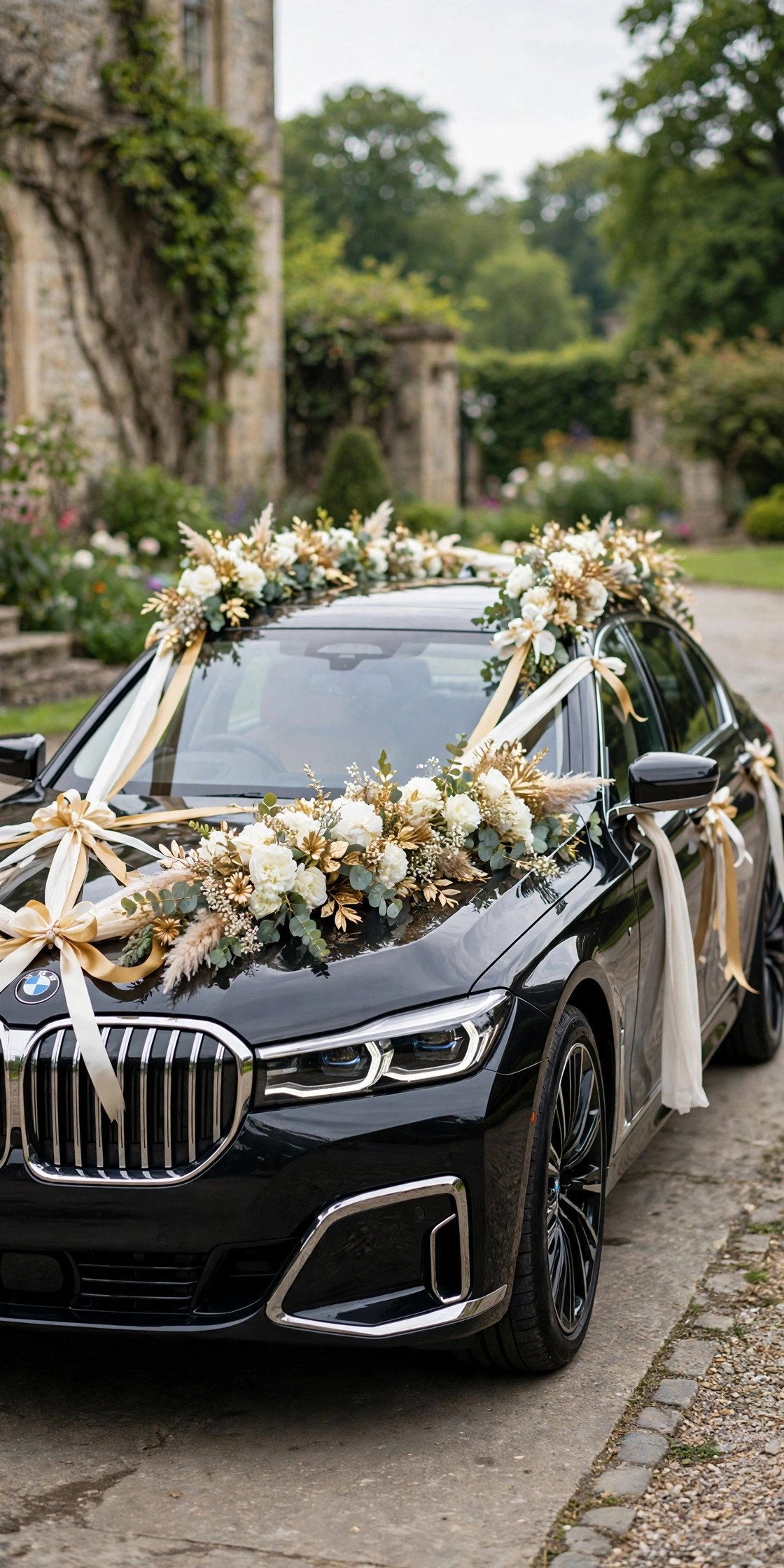 Black BMW with luxury gold and white floral garlands