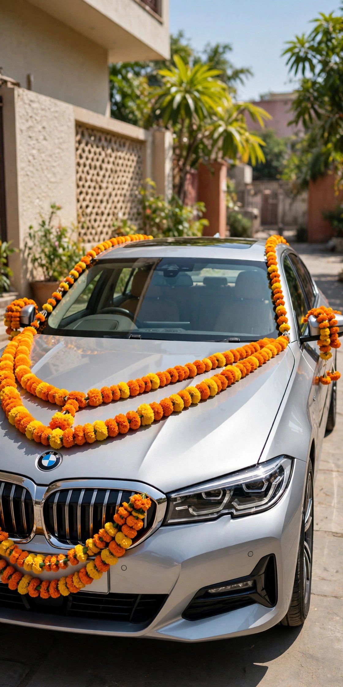 Silver BMW with vibrant marigold flower decoration