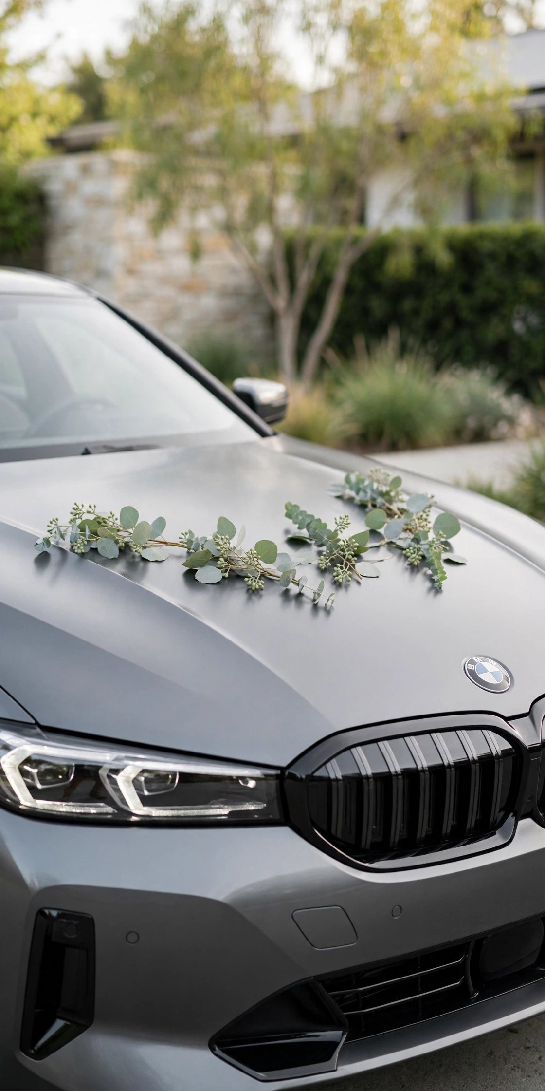 Gray BMW with minimalist eucalyptus greenery decoration