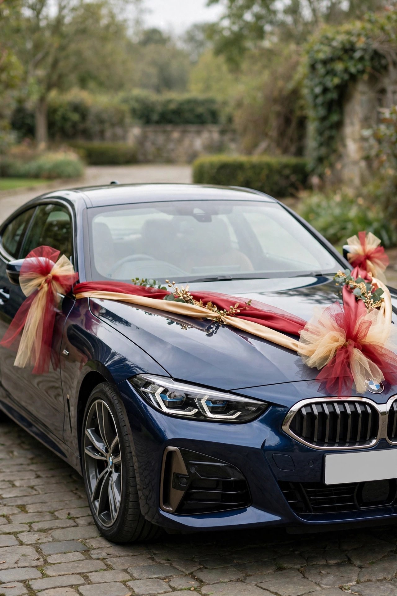 Blue BMW with festive red and gold ribbon wedding decoration