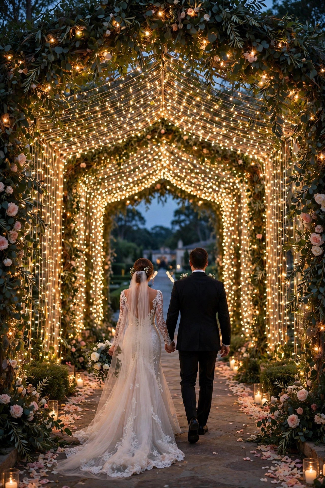 Fairy light curtain wedding entrance