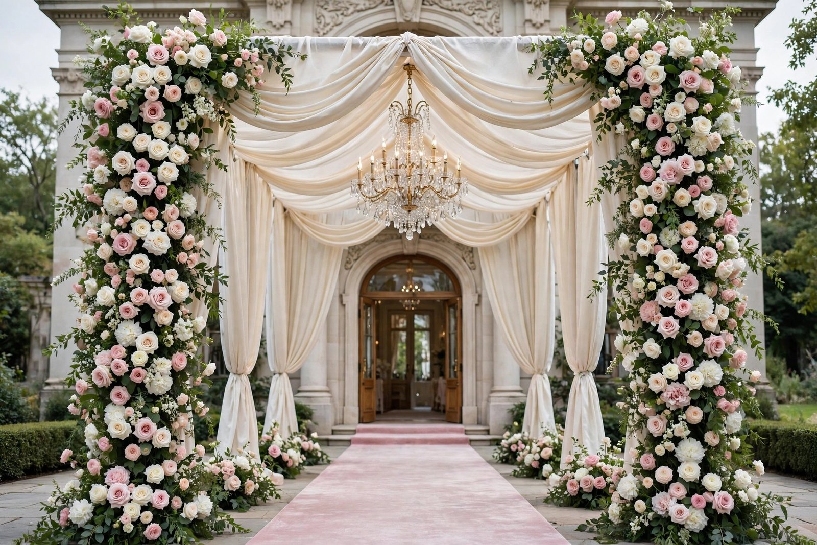 Double floral pillar wedding entrance