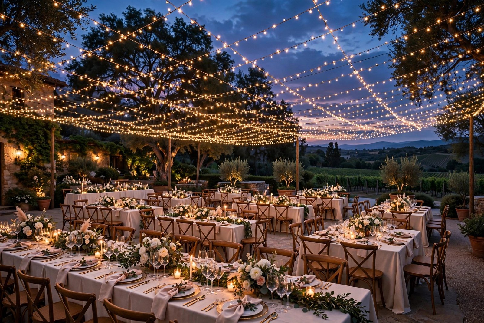 Fairy light canopy outdoor wedding