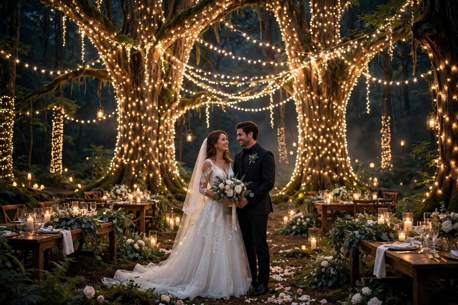 Tree wrapped fairy lights wedding