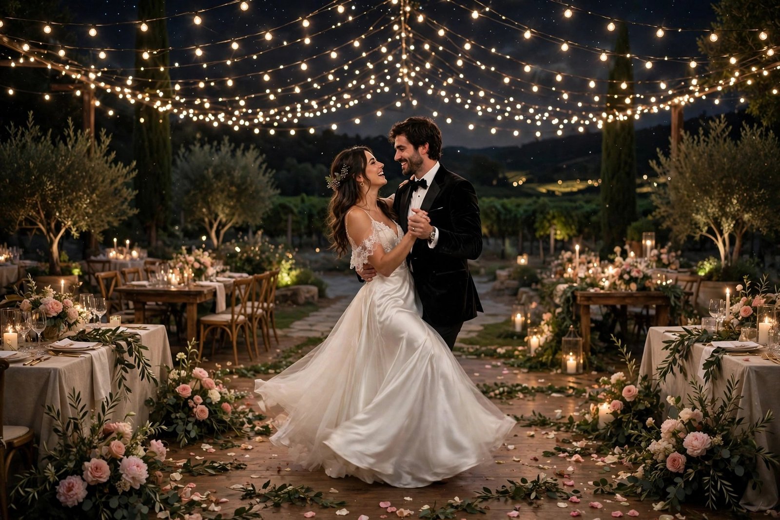 Starry dance floor fairy lights wedding