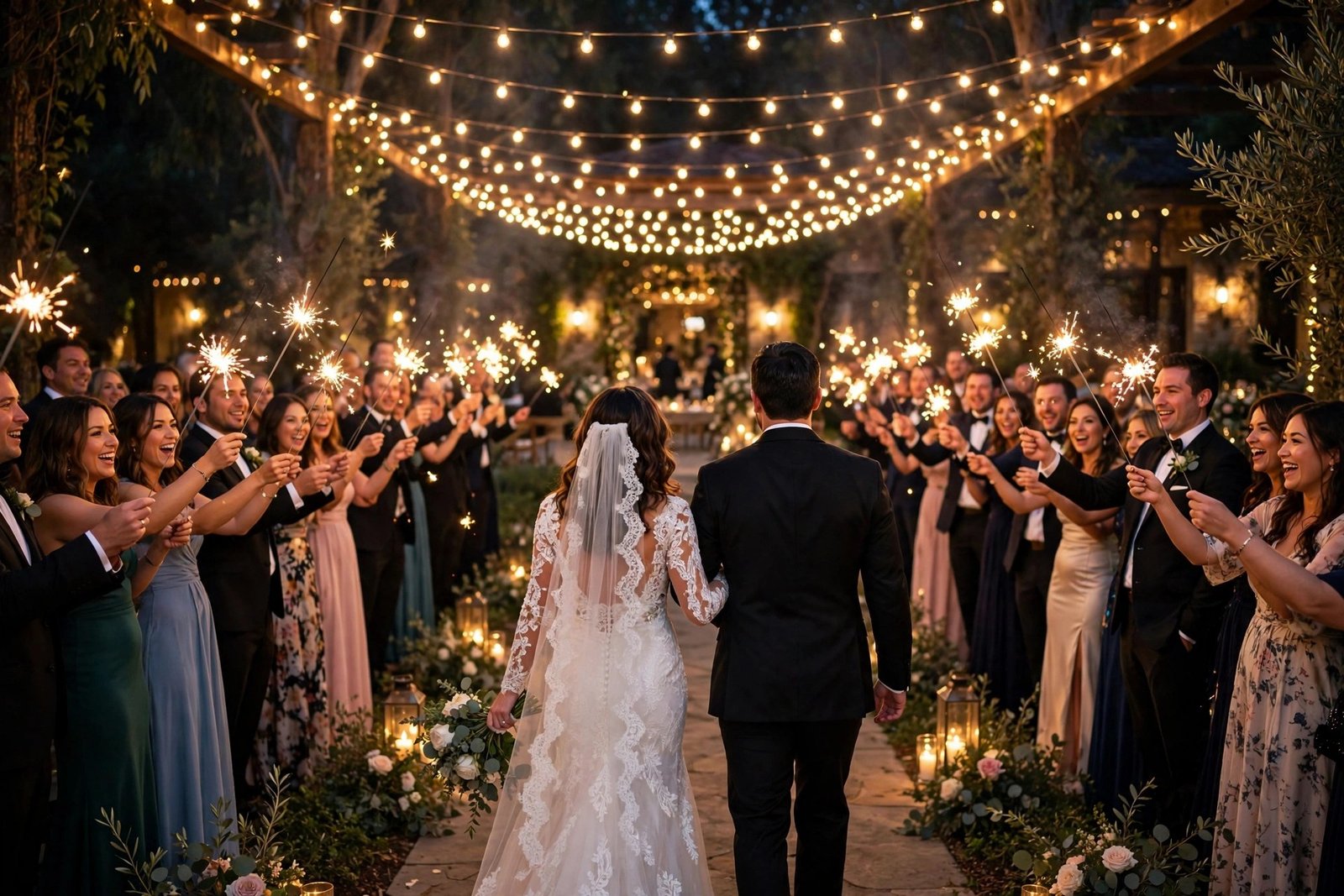 Sparkler tunnel wedding send-off with fairy lights