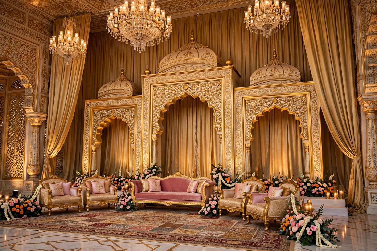 Golden palace wedding stage backdrop