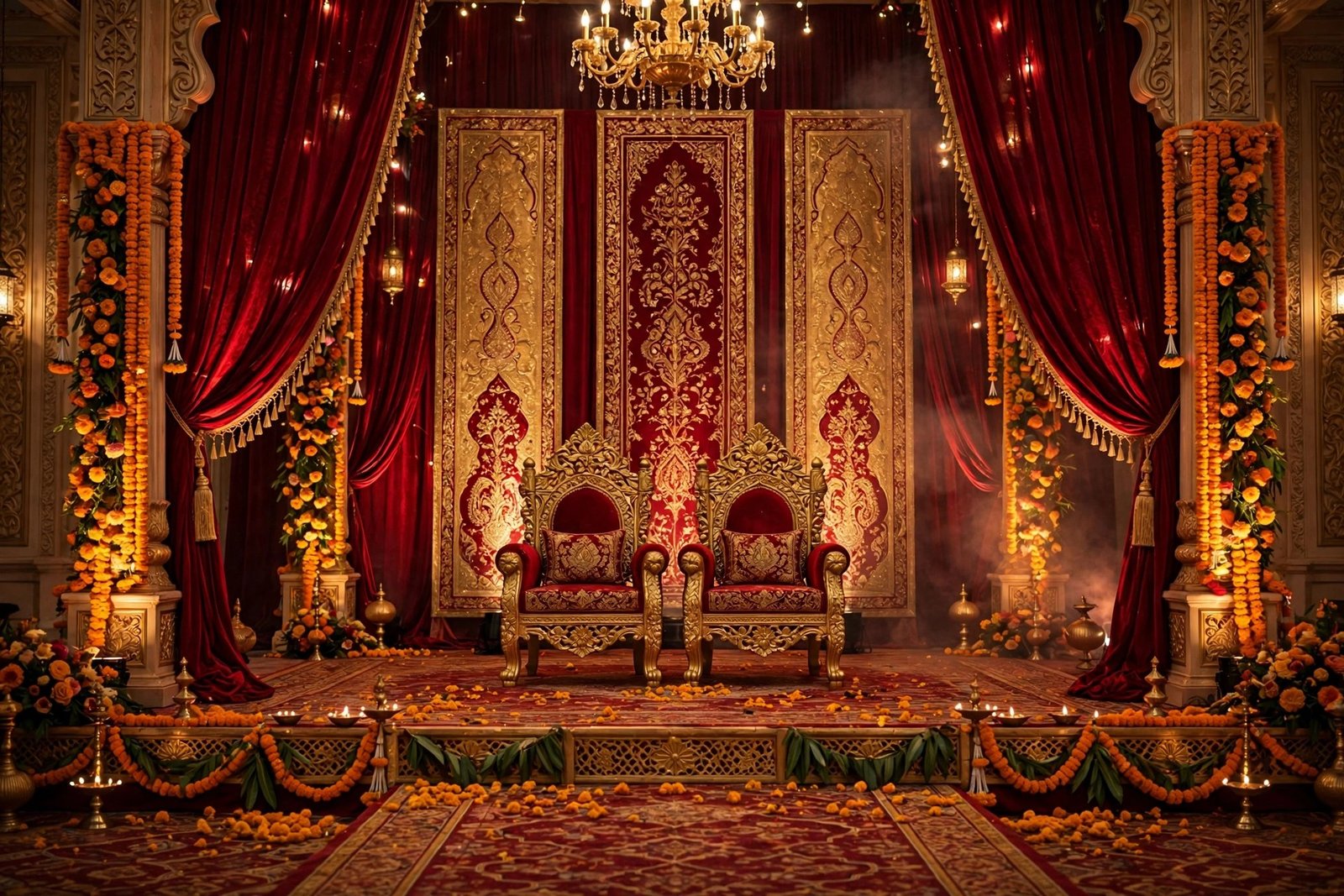 Red and gold royal wedding stage