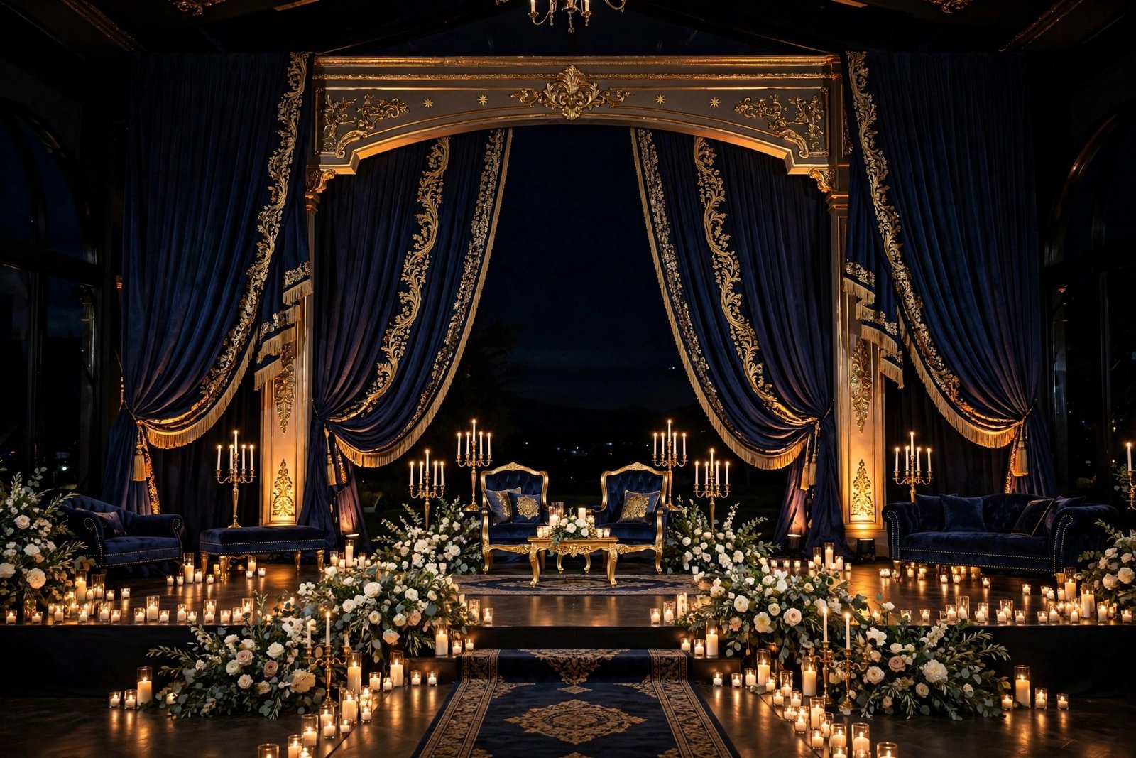 Navy and gold midnight royal wedding stage