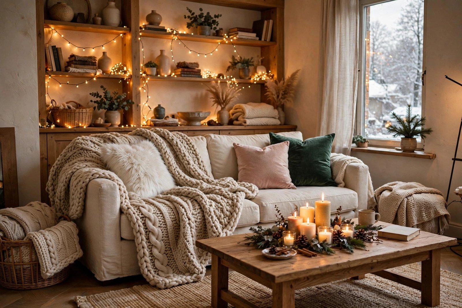 Cozy winter living room with knit blankets