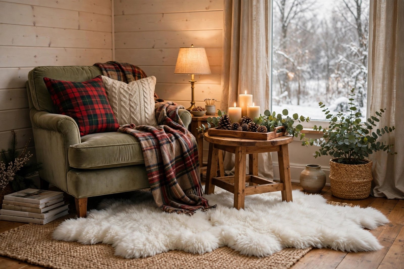 Winter living room corner with plaid throws