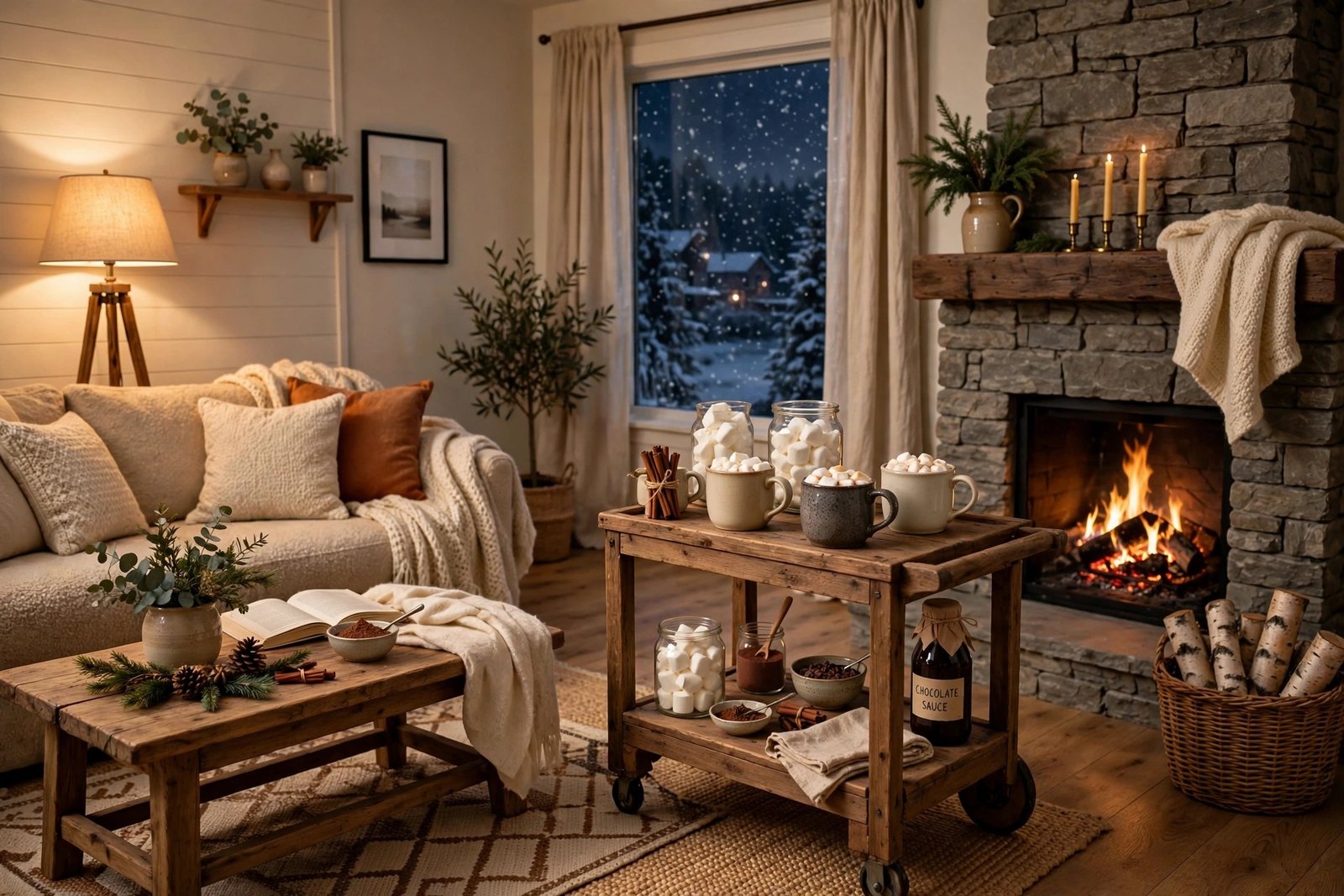 Cozy living room with hot cocoa station