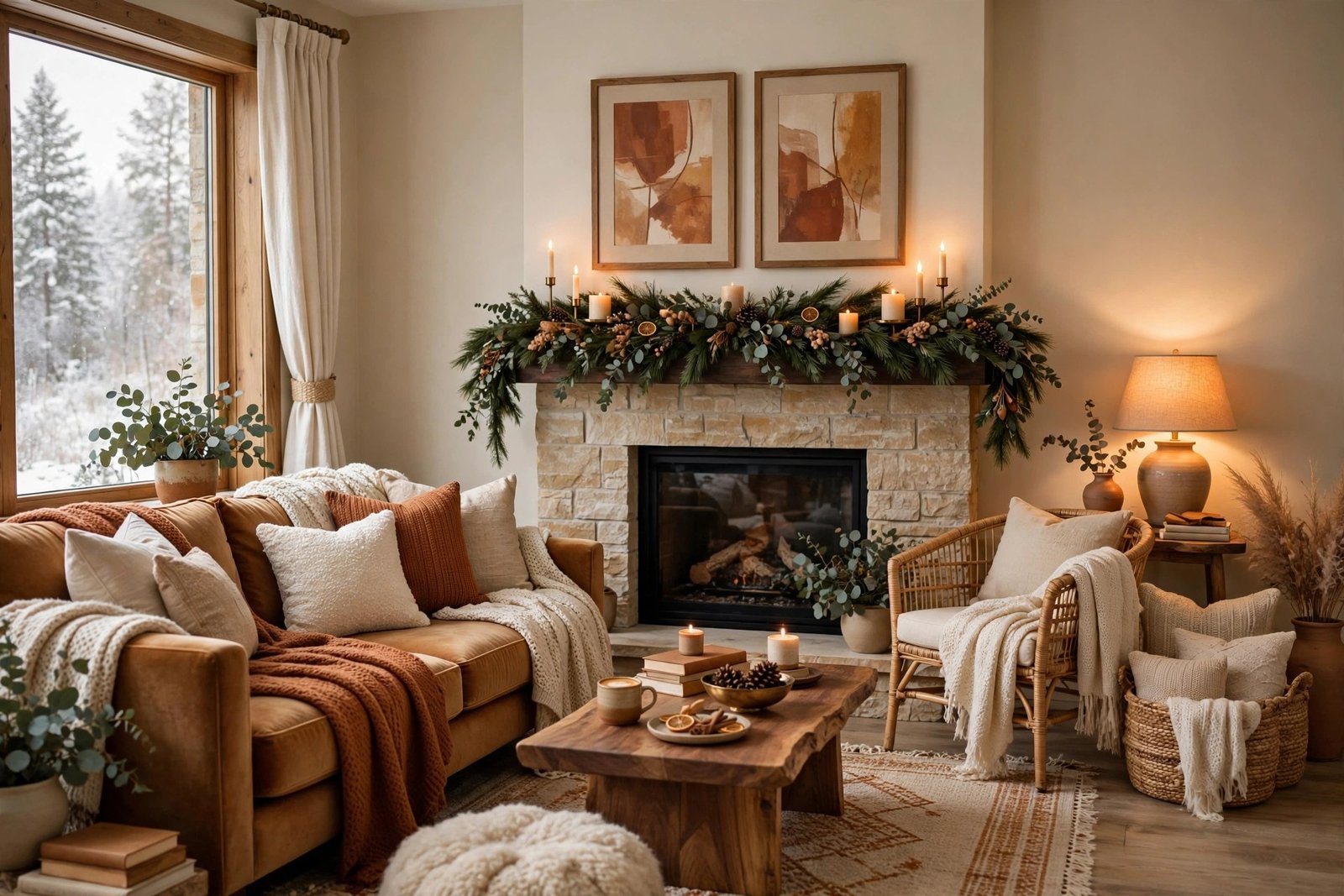 Elegant cozy winter living room in warm neutrals