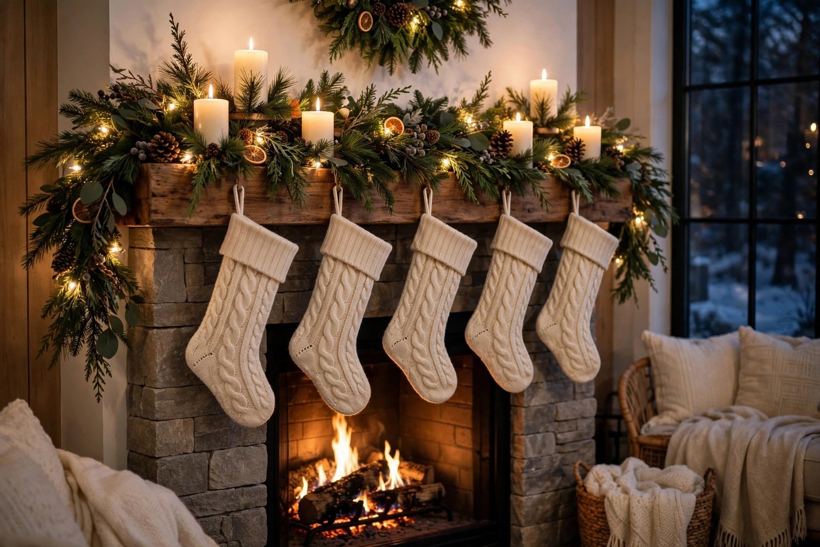 Winter mantel with evergreen garland and lights