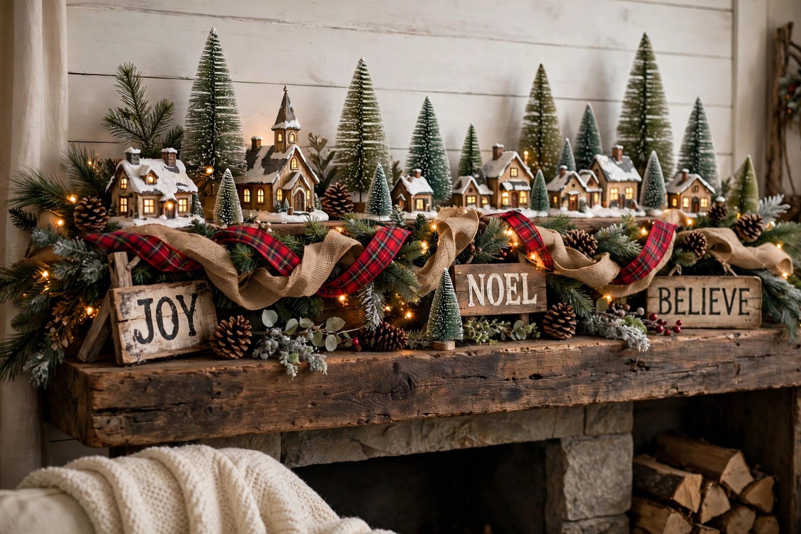 Rustic winter mantel with village scene
