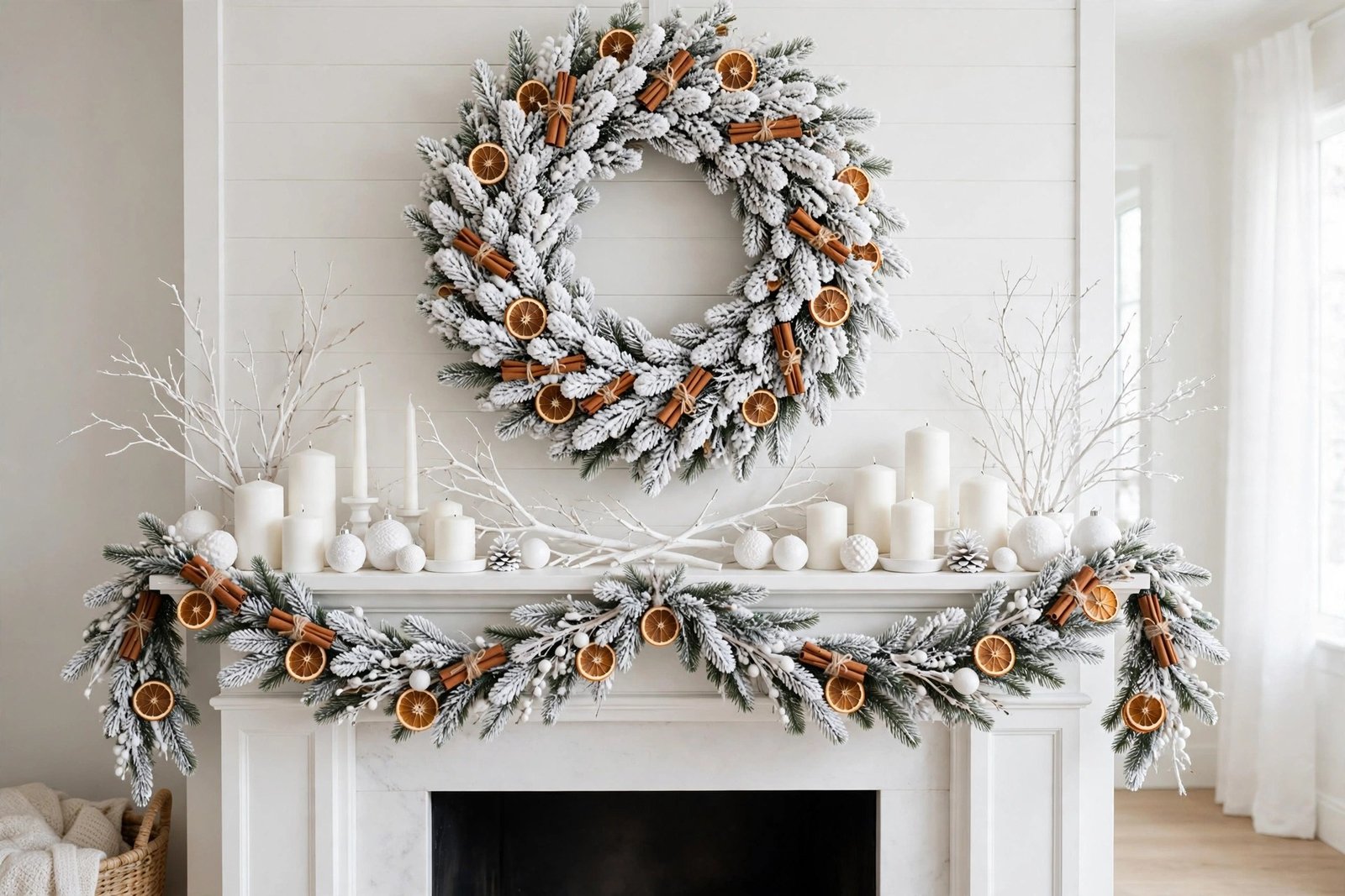 White minimalist winter mantel