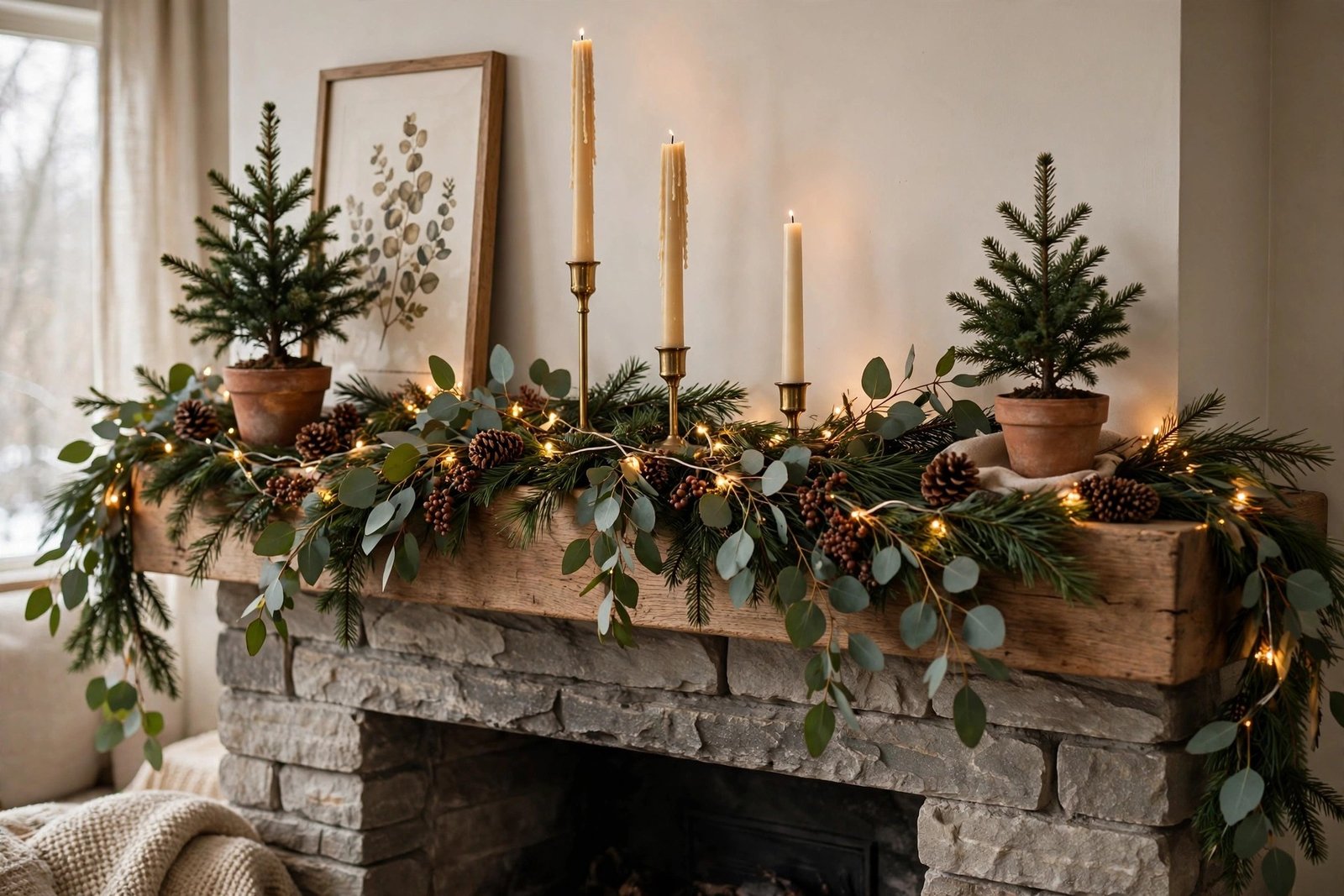 Eucalyptus and pine winter mantel