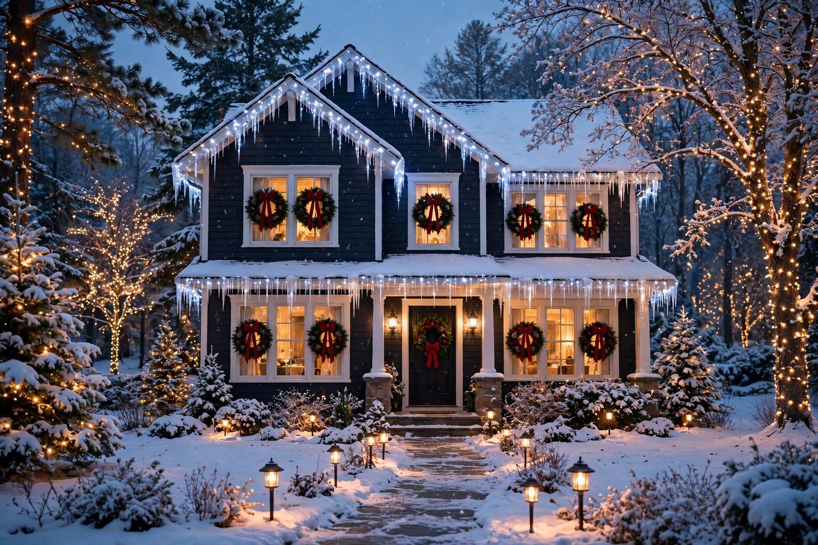 Winter wonderland home exterior with lights