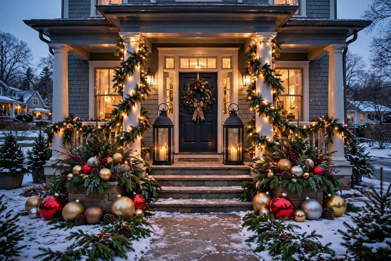 Winter entrance with lit garland columns