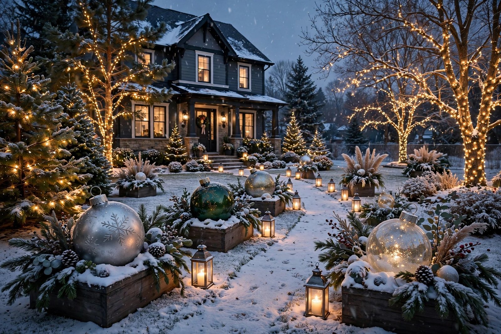 Giant ornaments winter yard