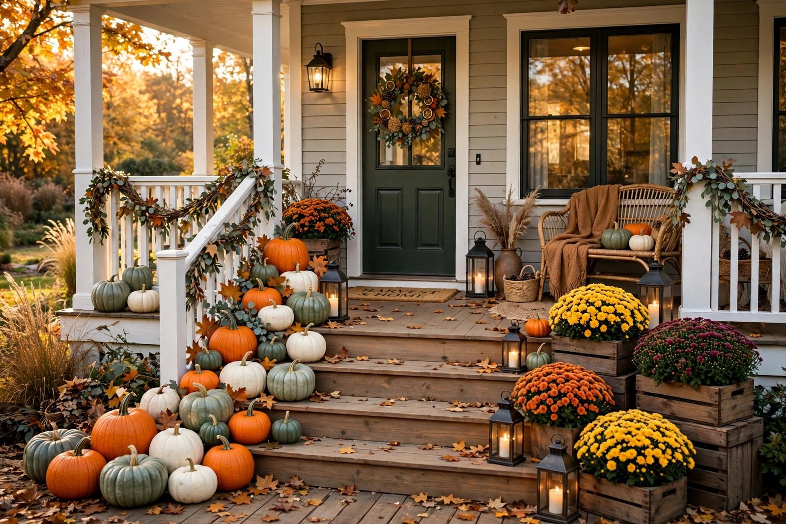 Fall porch with pumpkin staircase display