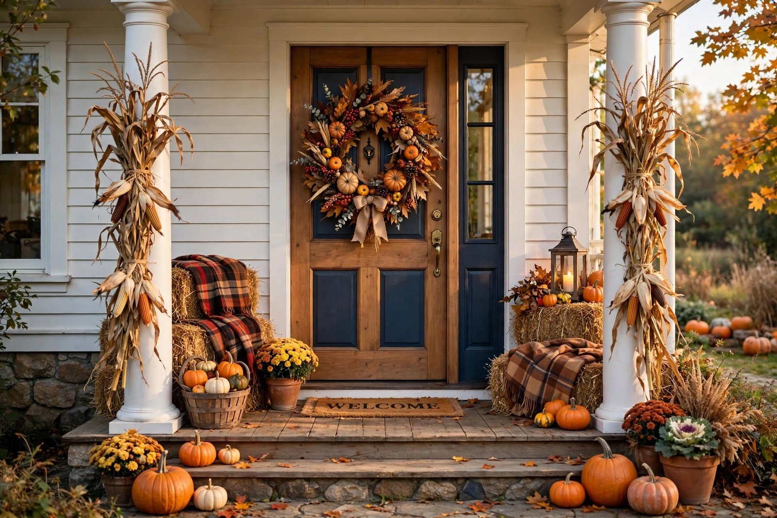 Harvest wreath on fall front door