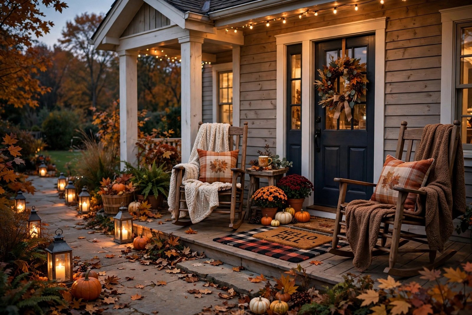 Cozy fall porch at dusk with lanterns