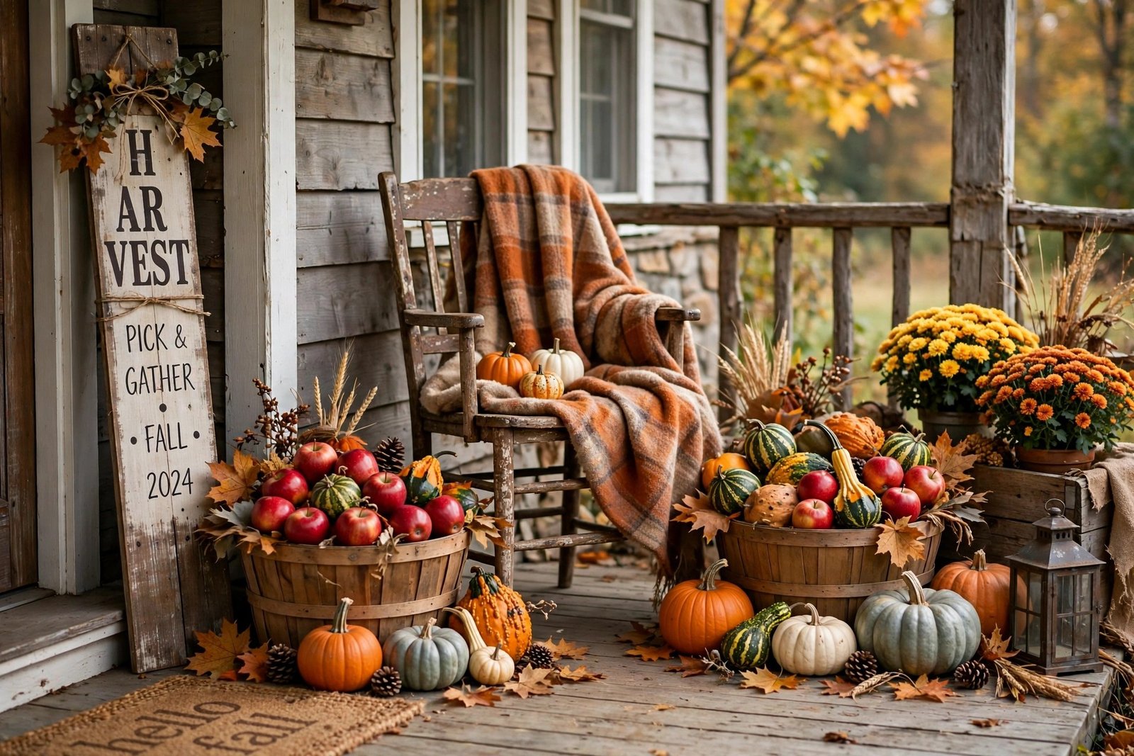 Rustic fall porch with apple baskets