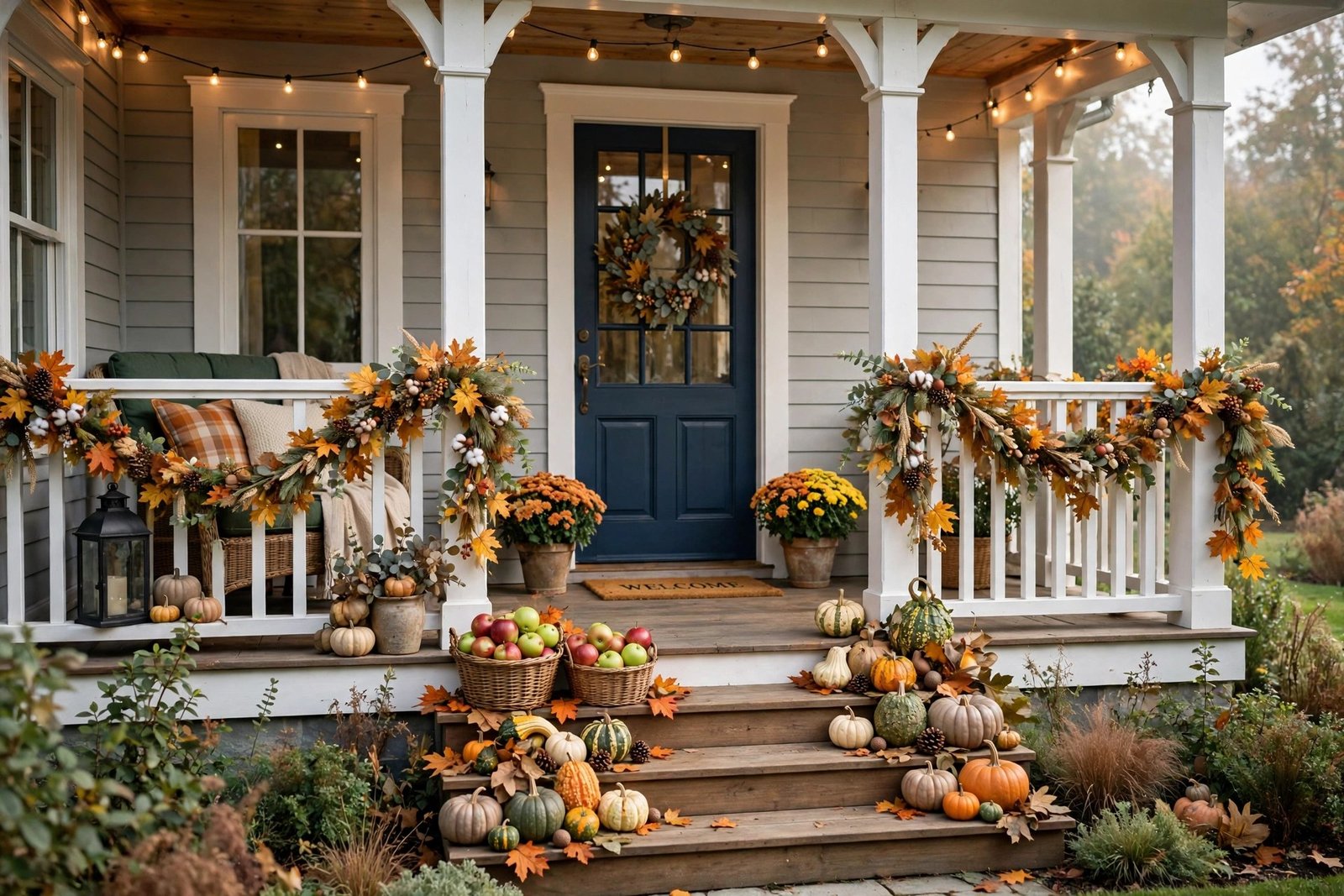 Fall garland on porch railing