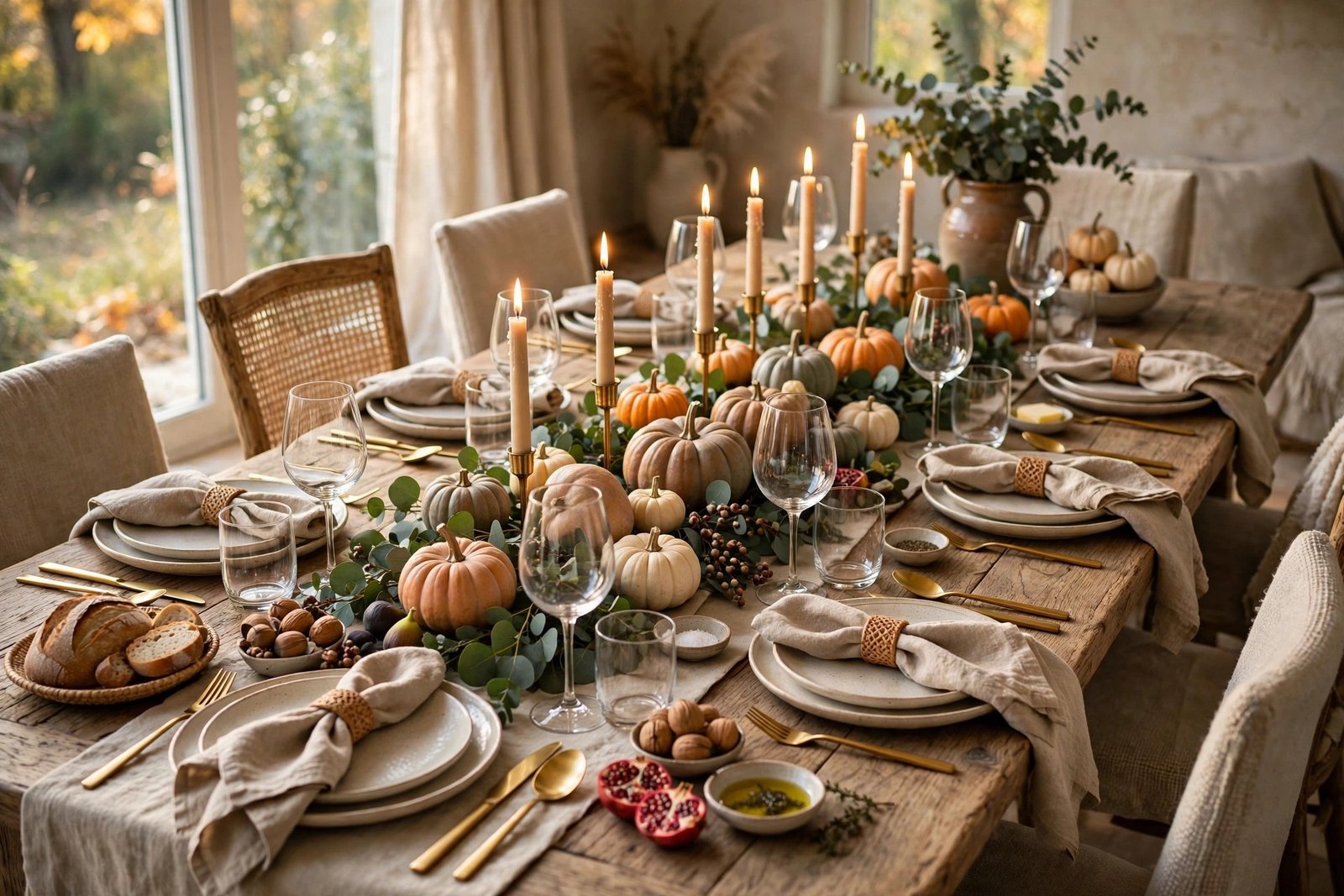 Fall table with pumpkin and eucalyptus runner