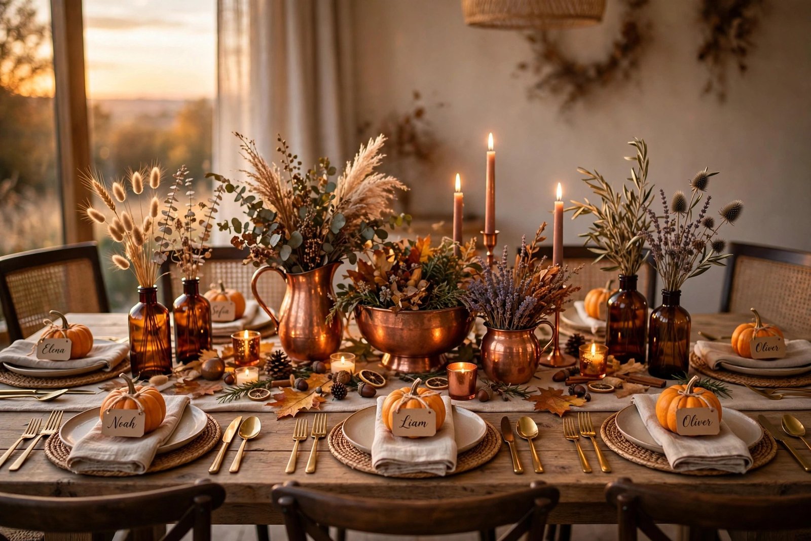 Copper and candle fall table centerpiece
