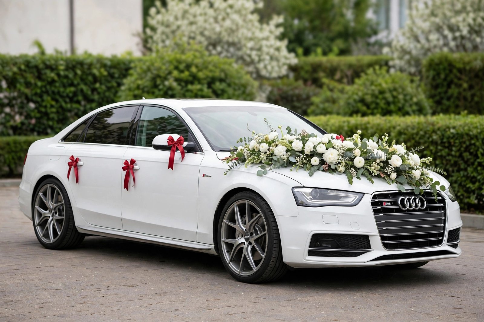 White Audi decorated for wedding with white flowers and red ribbons
