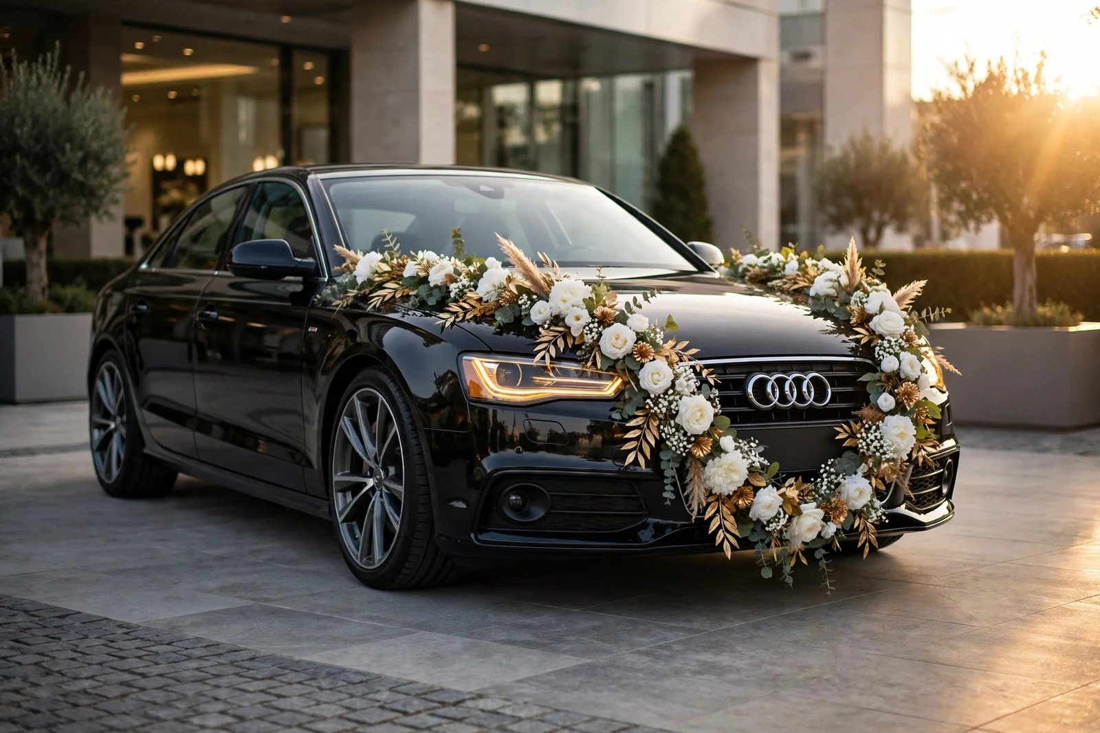 Black Audi with luxury gold and white floral garlands