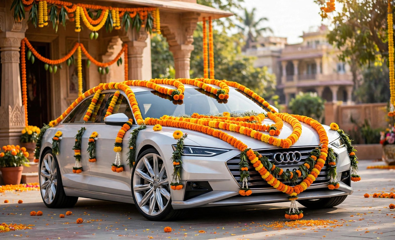 Silver Audi with vibrant marigold flower decoration