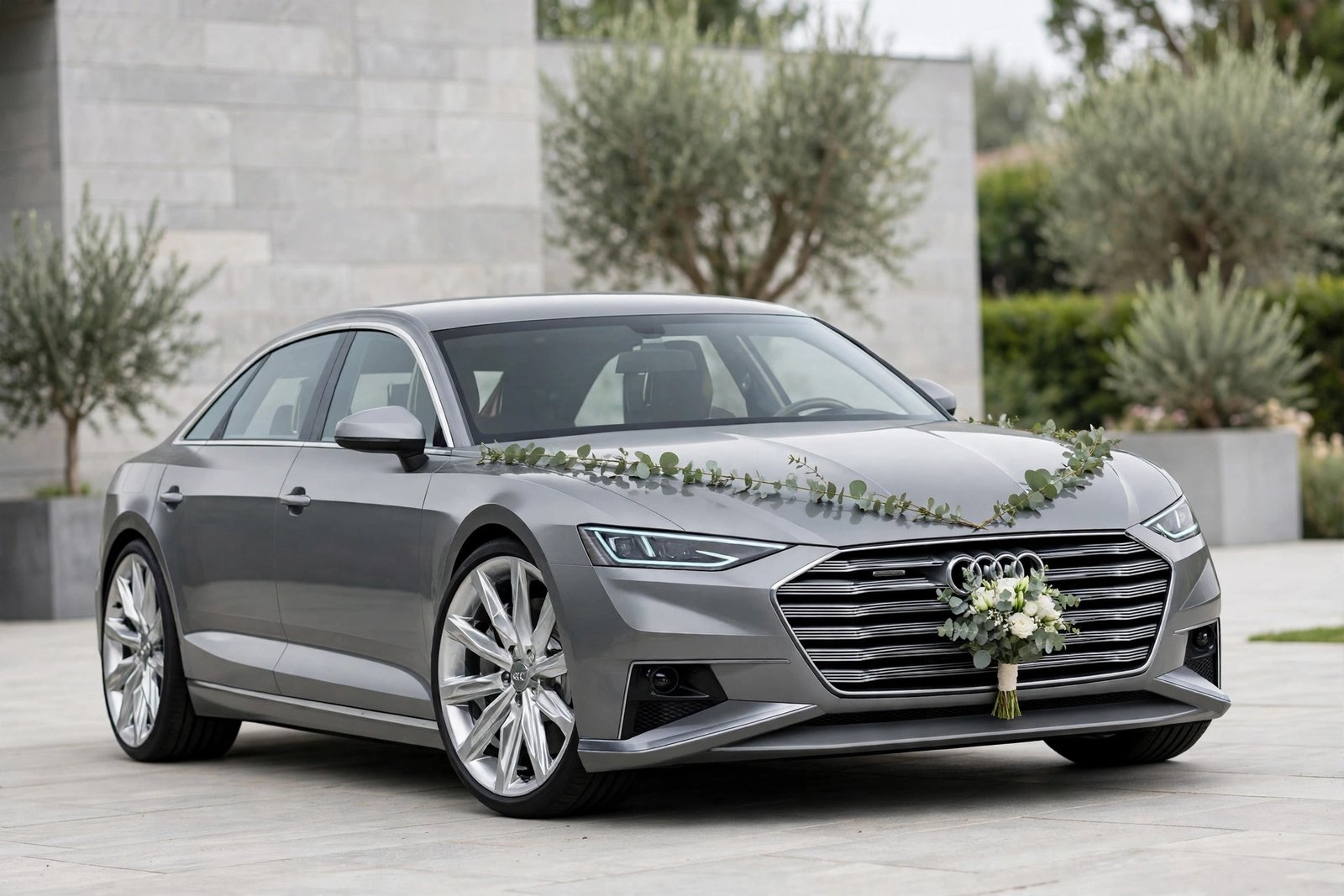 Gray Audi with minimalist eucalyptus greenery decoration
