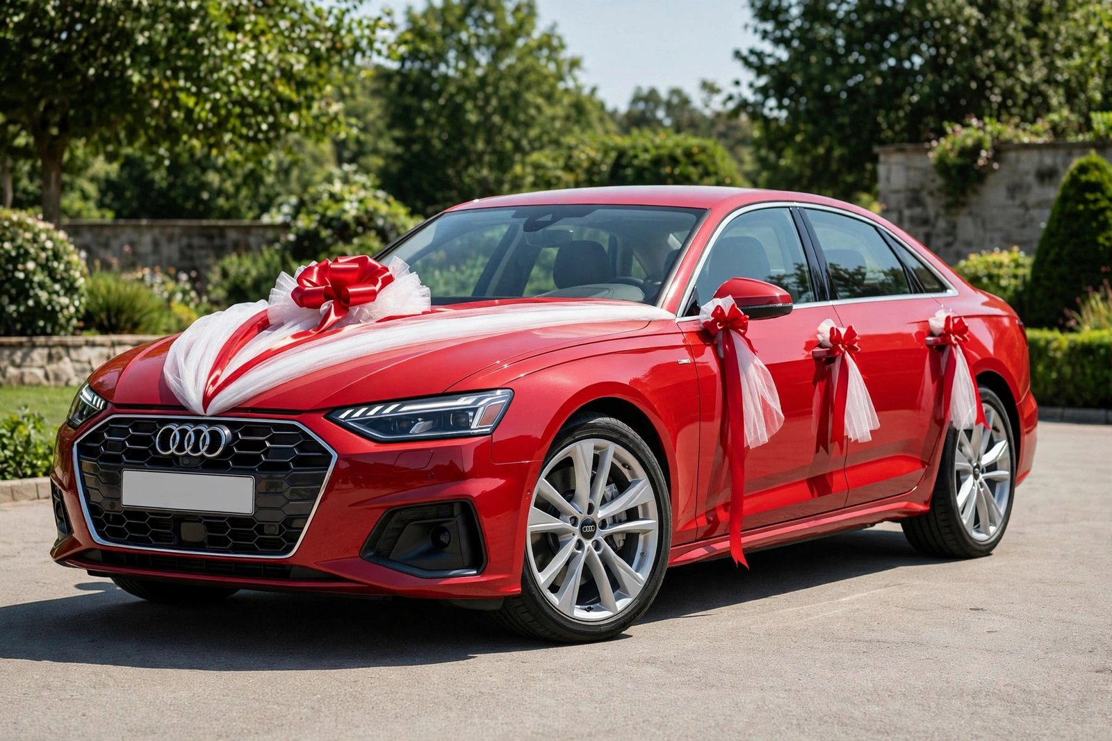 Red Audi with festive ribbon and tulle wedding decoration
