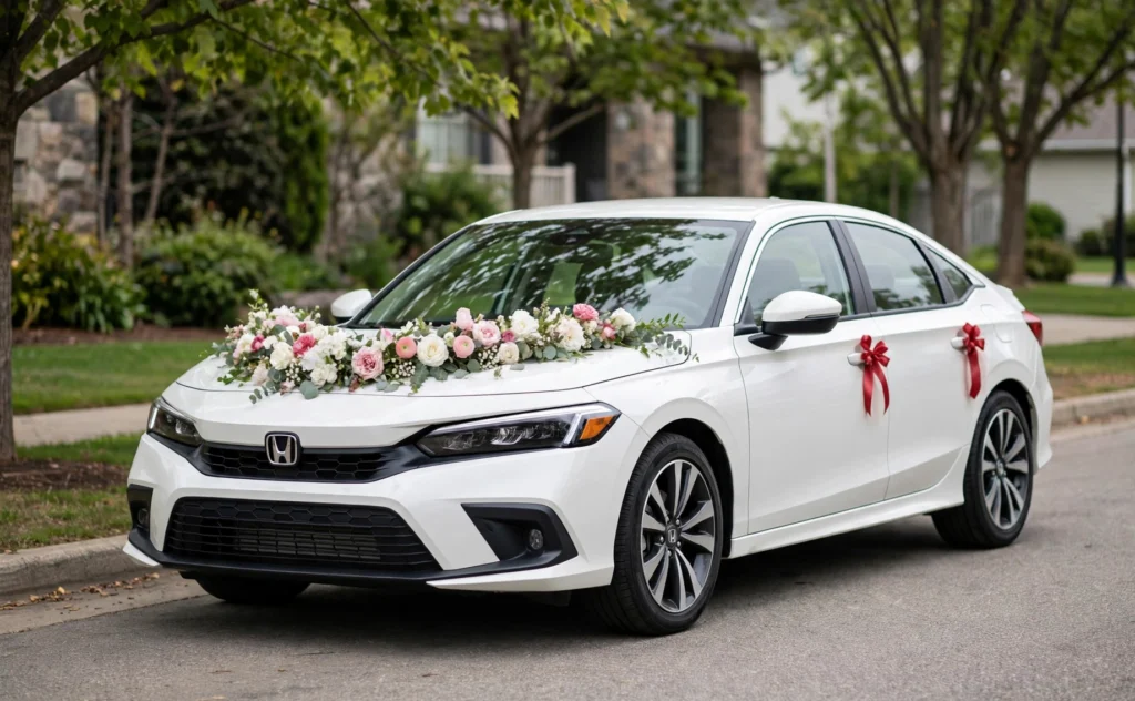 White Honda Civic decorated for wedding with white flowers and red ribbons