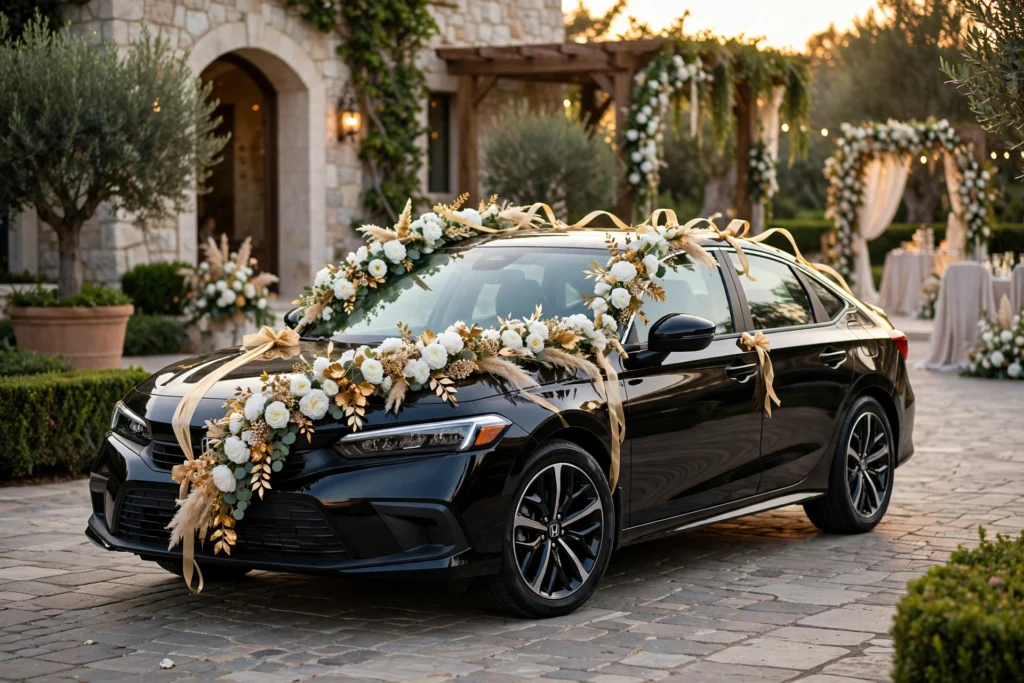 Black Honda Civic with luxury gold and white floral garlands