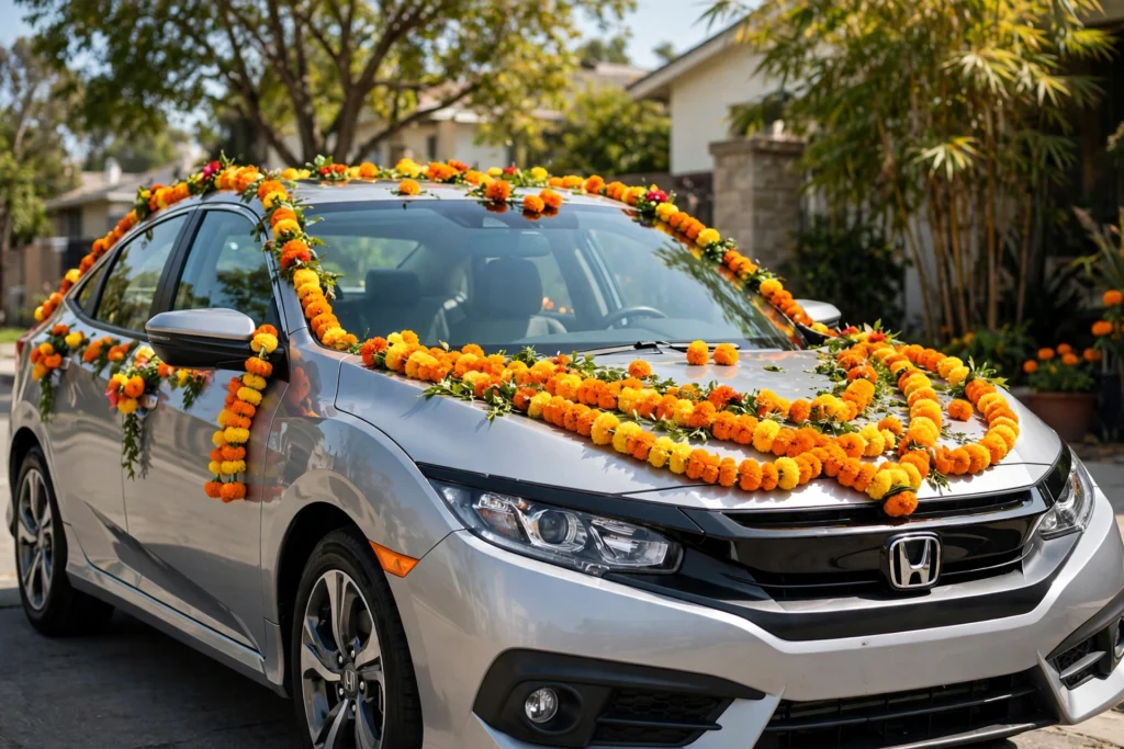 Silver Honda Civic with vibrant marigold flower decoration