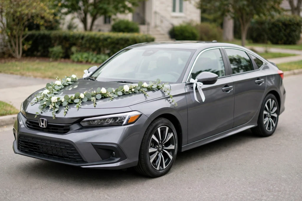 Gray Honda Civic with minimalist eucalyptus greenery decoration