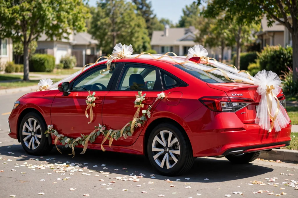 Red Honda Civic with festive ribbon and tulle wedding decoration