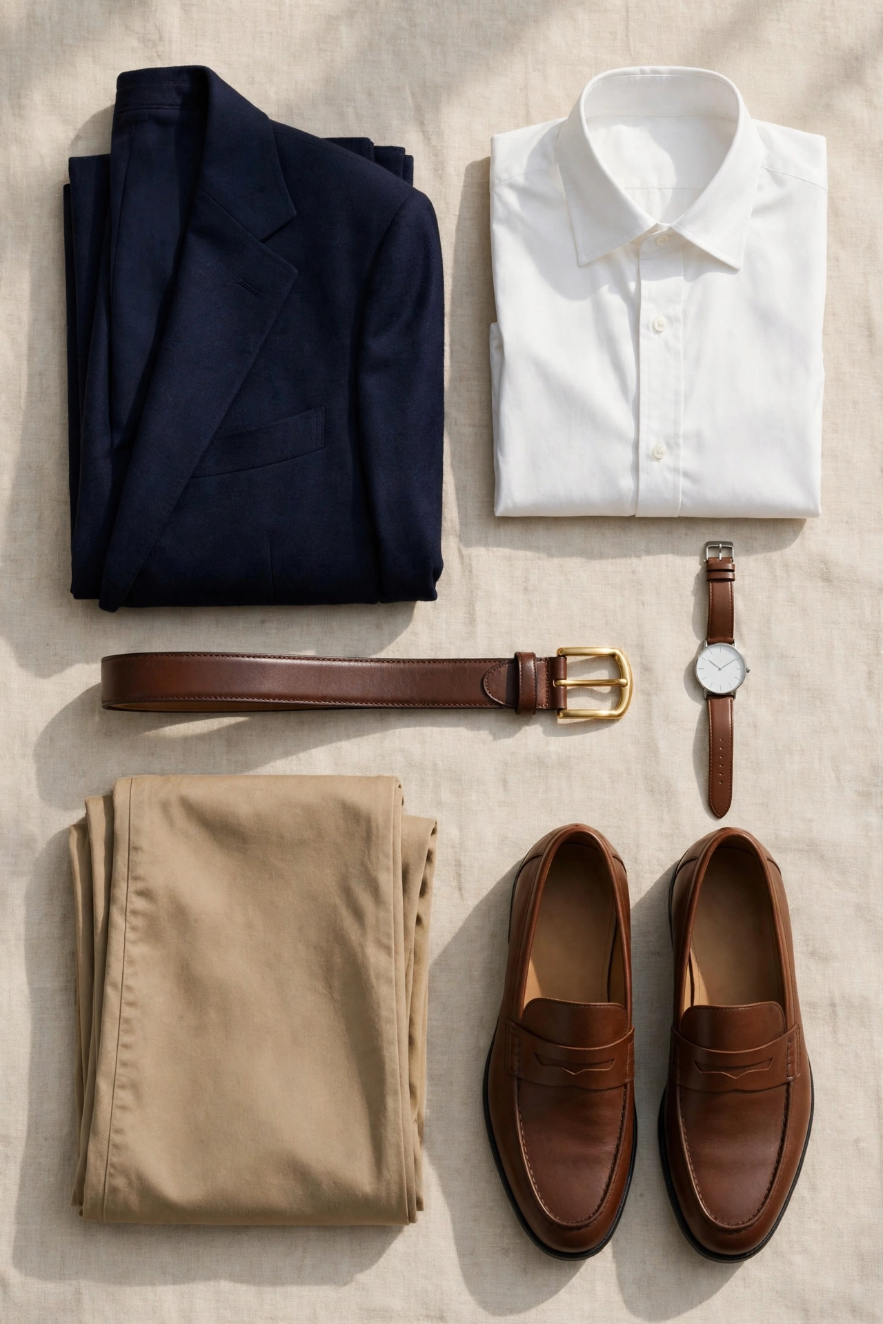Flat-lay of a men's smart casual capsule wardrobe with navy blazer, oxford shirts, chinos, dark jeans, brown belt, minimalist watch, loafers and Chelsea boots