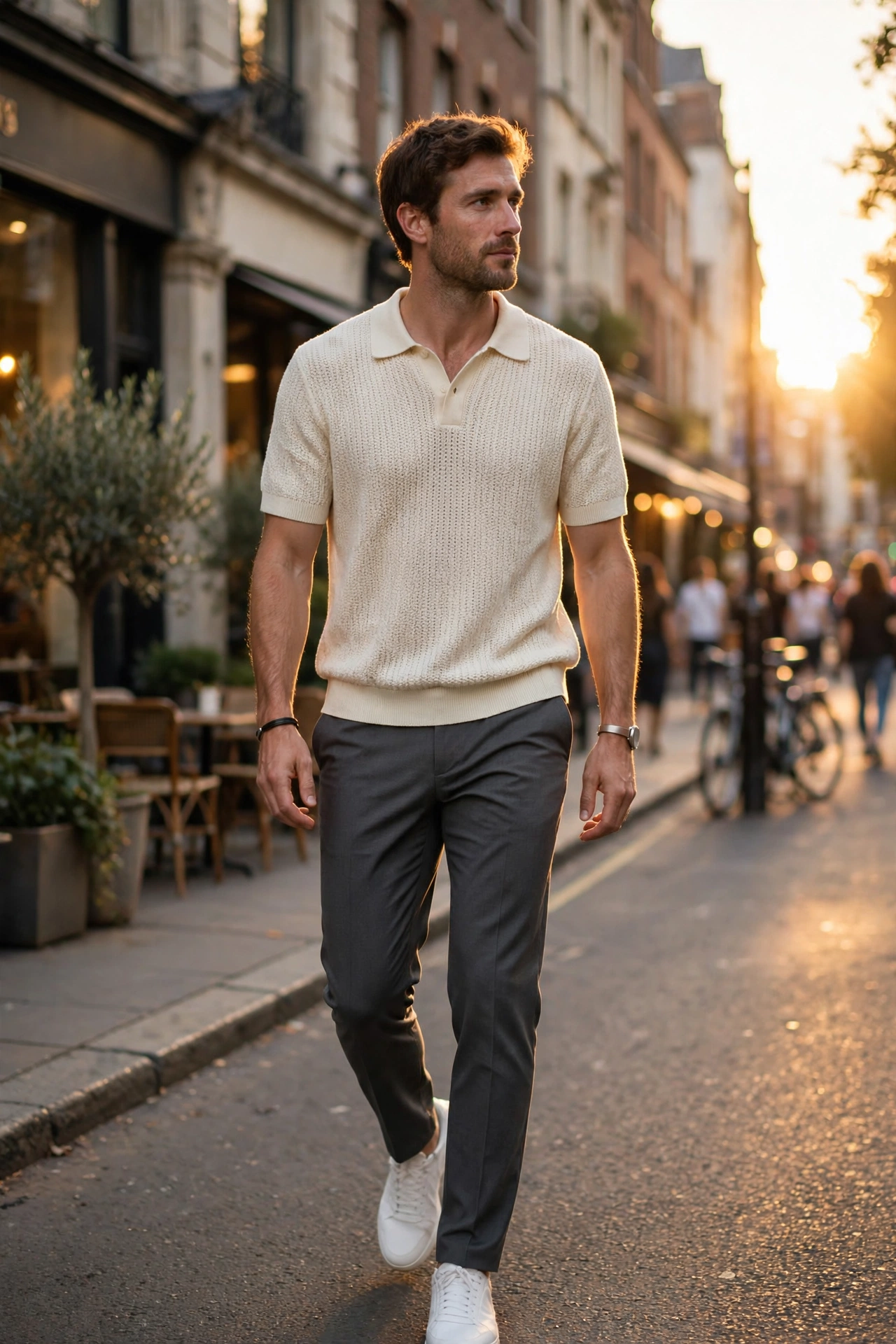 Man wearing a cream knitted polo with charcoal tailored trousers, street style