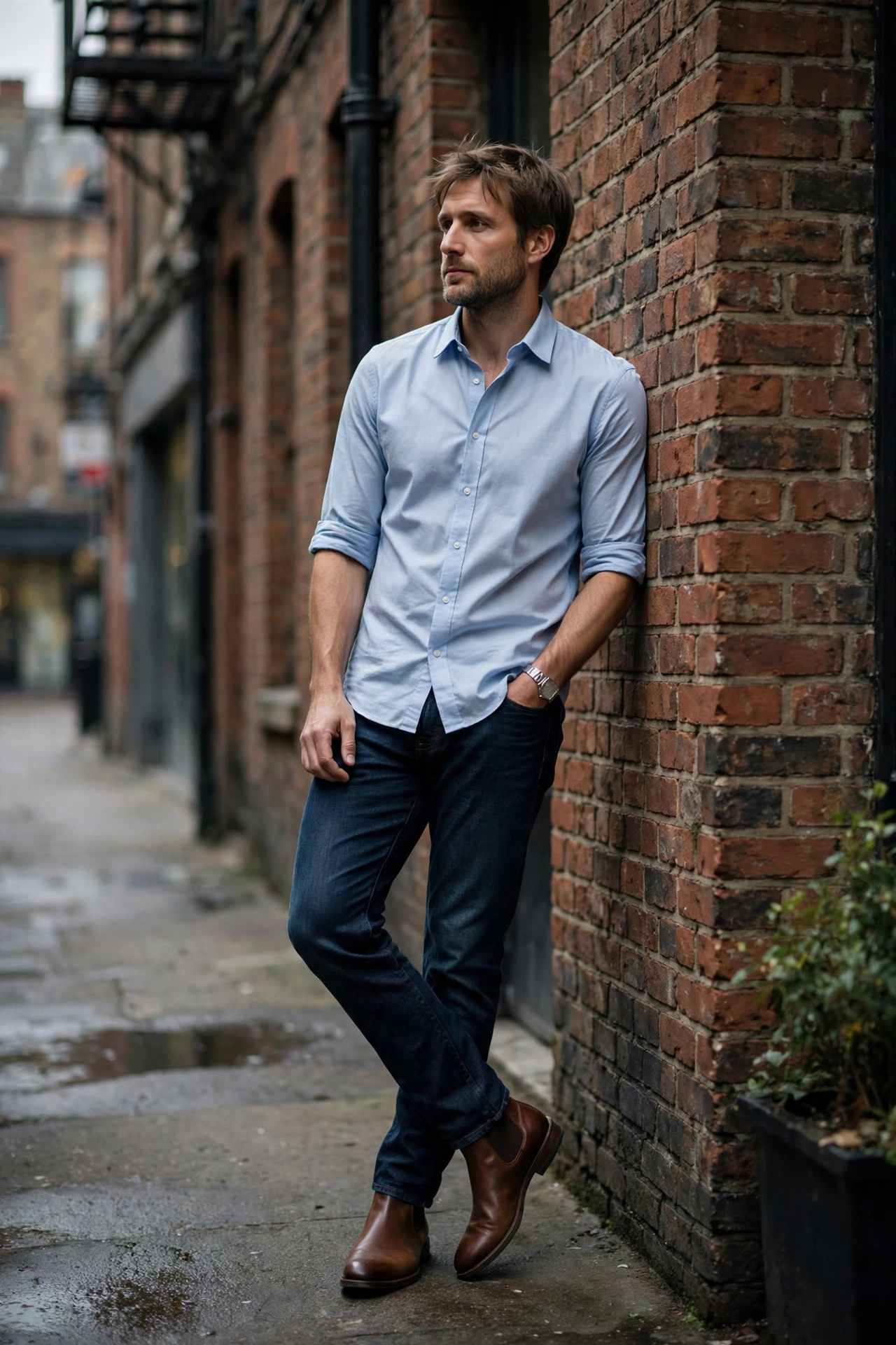 Man wearing a light blue oxford shirt with dark indigo jeans and brown Chelsea boots
