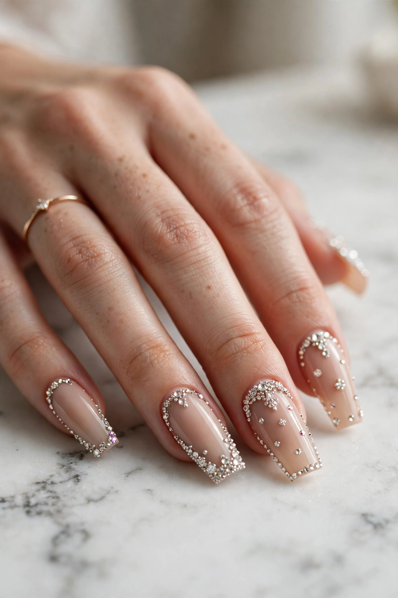 Nude Coffin Nails with Rhinestone Crystals