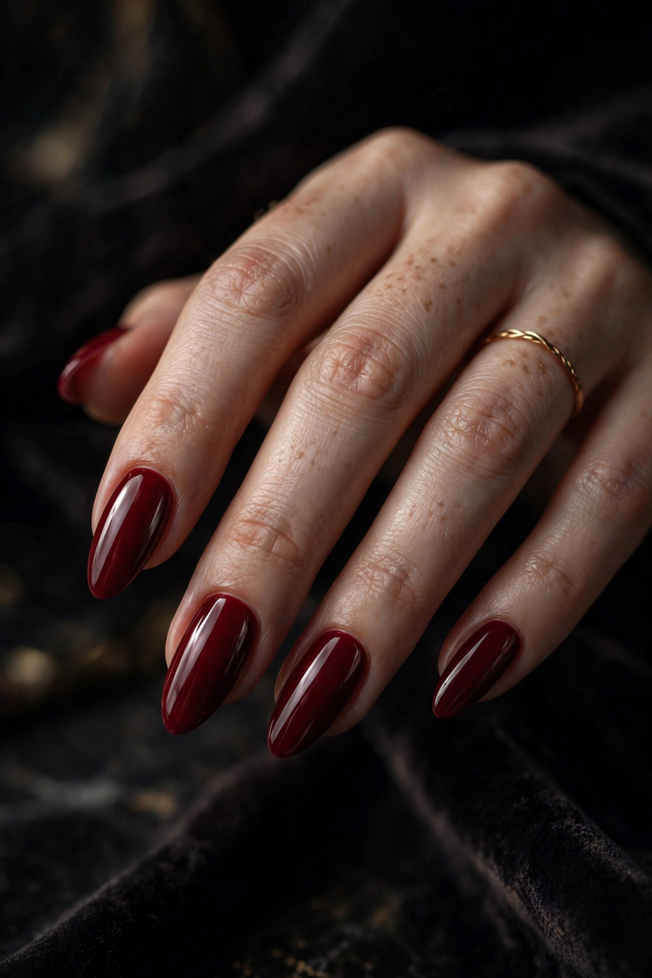 Deep Red Glossy Almond Nails