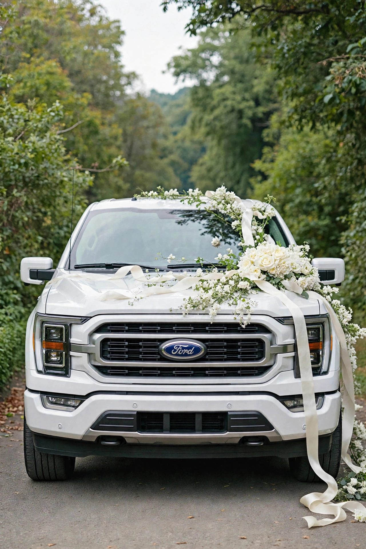 White pickup truck decorated for wedding with white flowers and ribbons