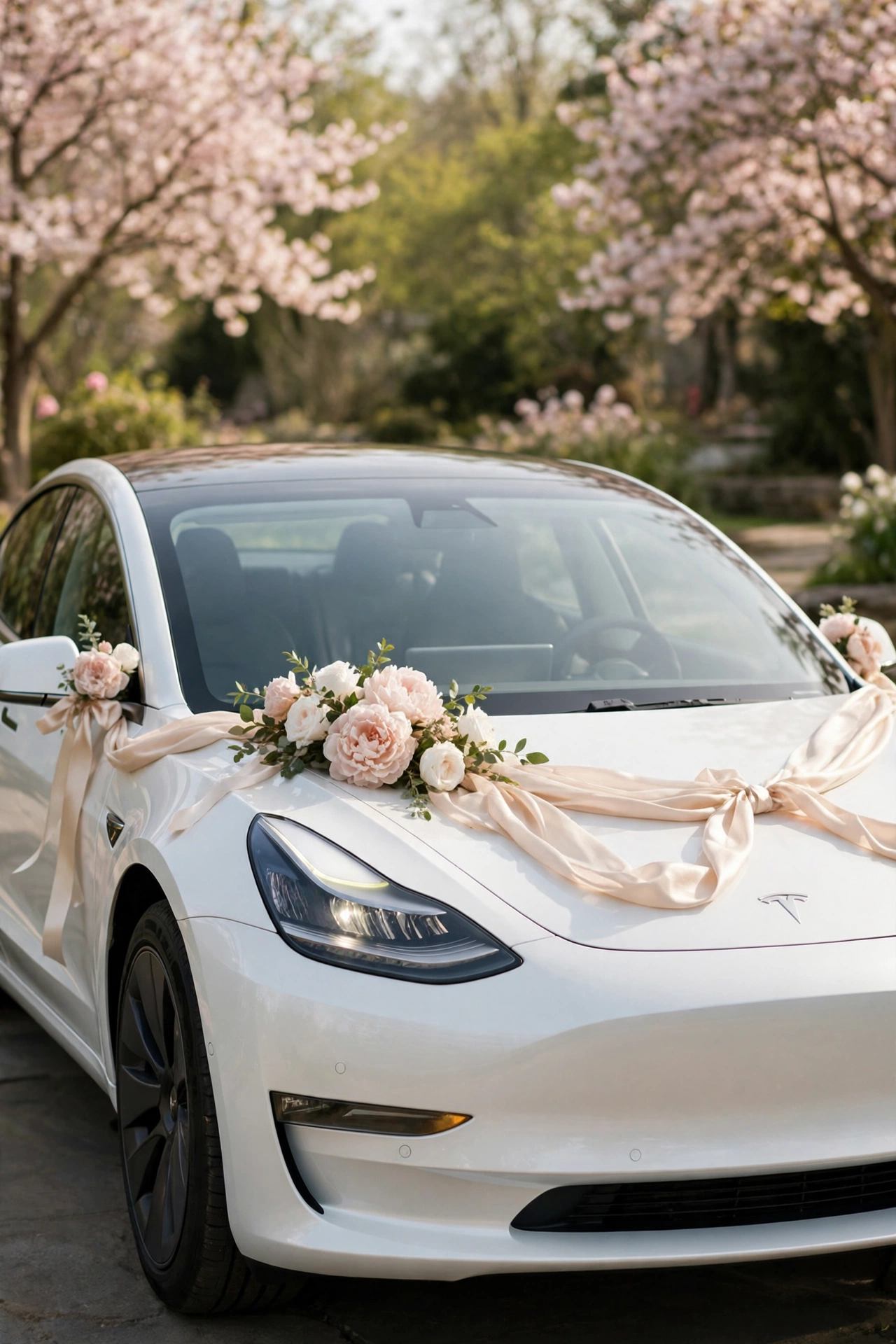 White Tesla decorated with blush pink flowers for wedding